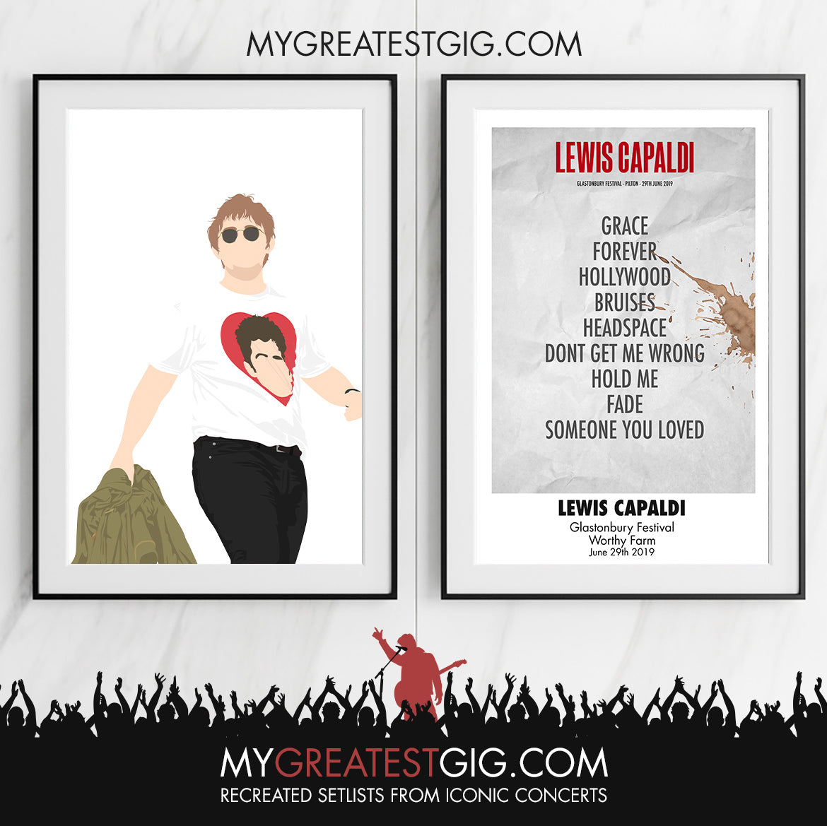 Lewis Capaldi - Glastonbury Festival - Jun 29th 2019 Recreated Set List Poster & Illustration Bundle