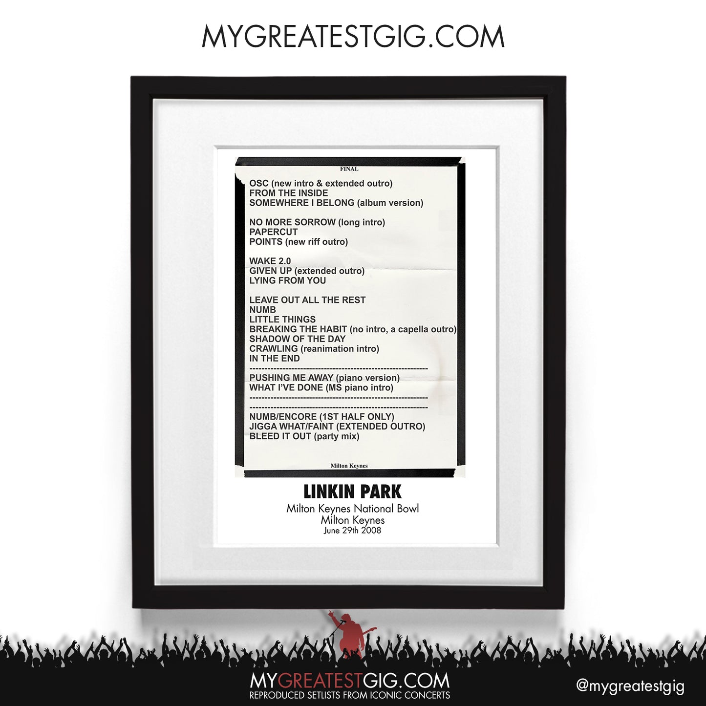 Linkin Park - Milton Keynes - Jun 29th 2008 Recreated Setlist Poster