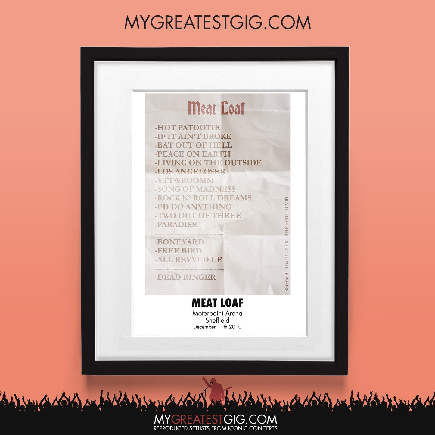 Meatloaf - Sheffield - Dec 11th 2010 Recreated Setlist Poster
