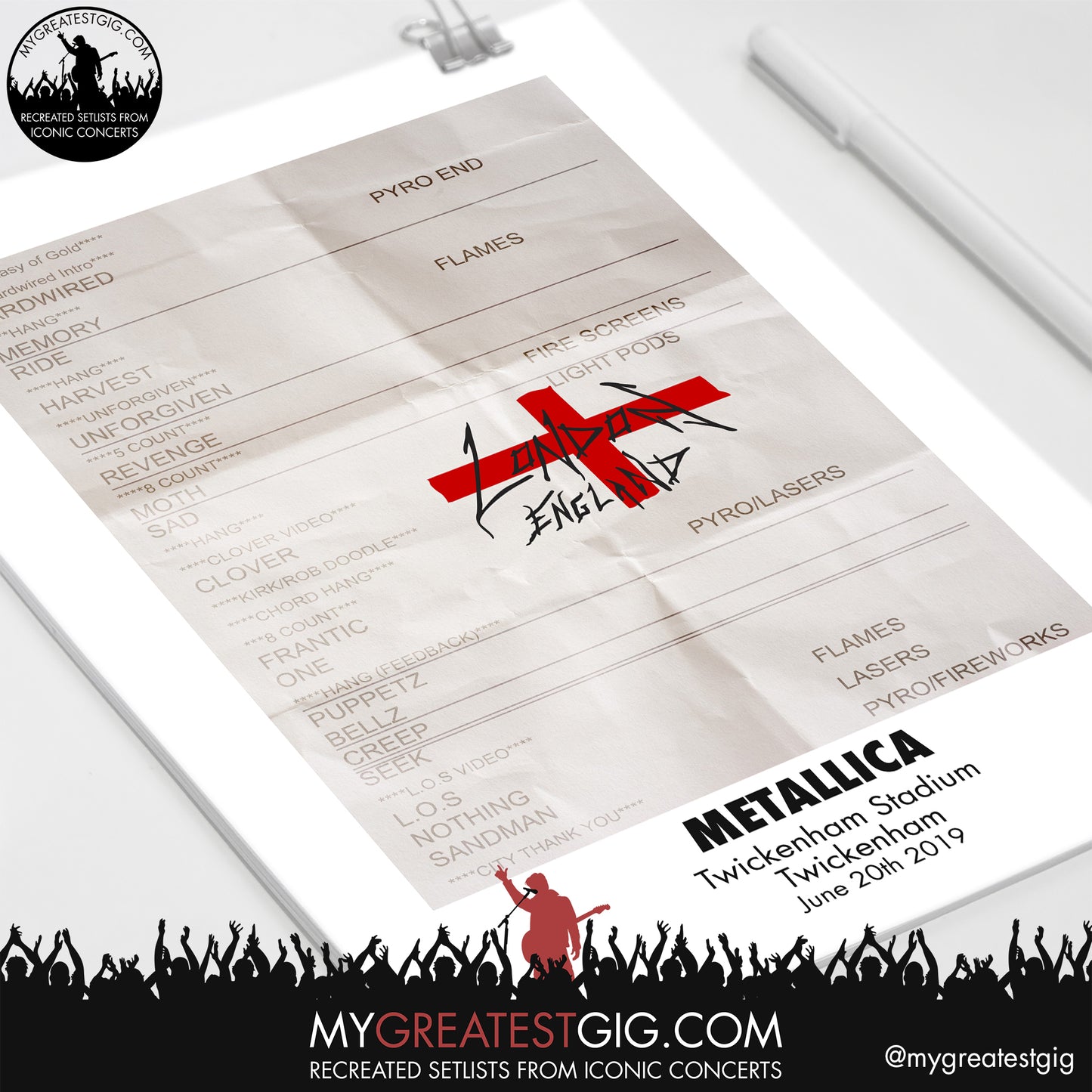 Metallica - Twickenham - Jun 20th 2019 Recreated Setlist Poster