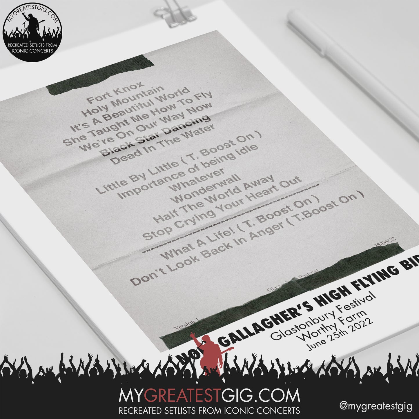 Noel Gallagher's High Flying Birds - Glastonbury Festival - Jun 25th 2022 Recreated Setlist Poster