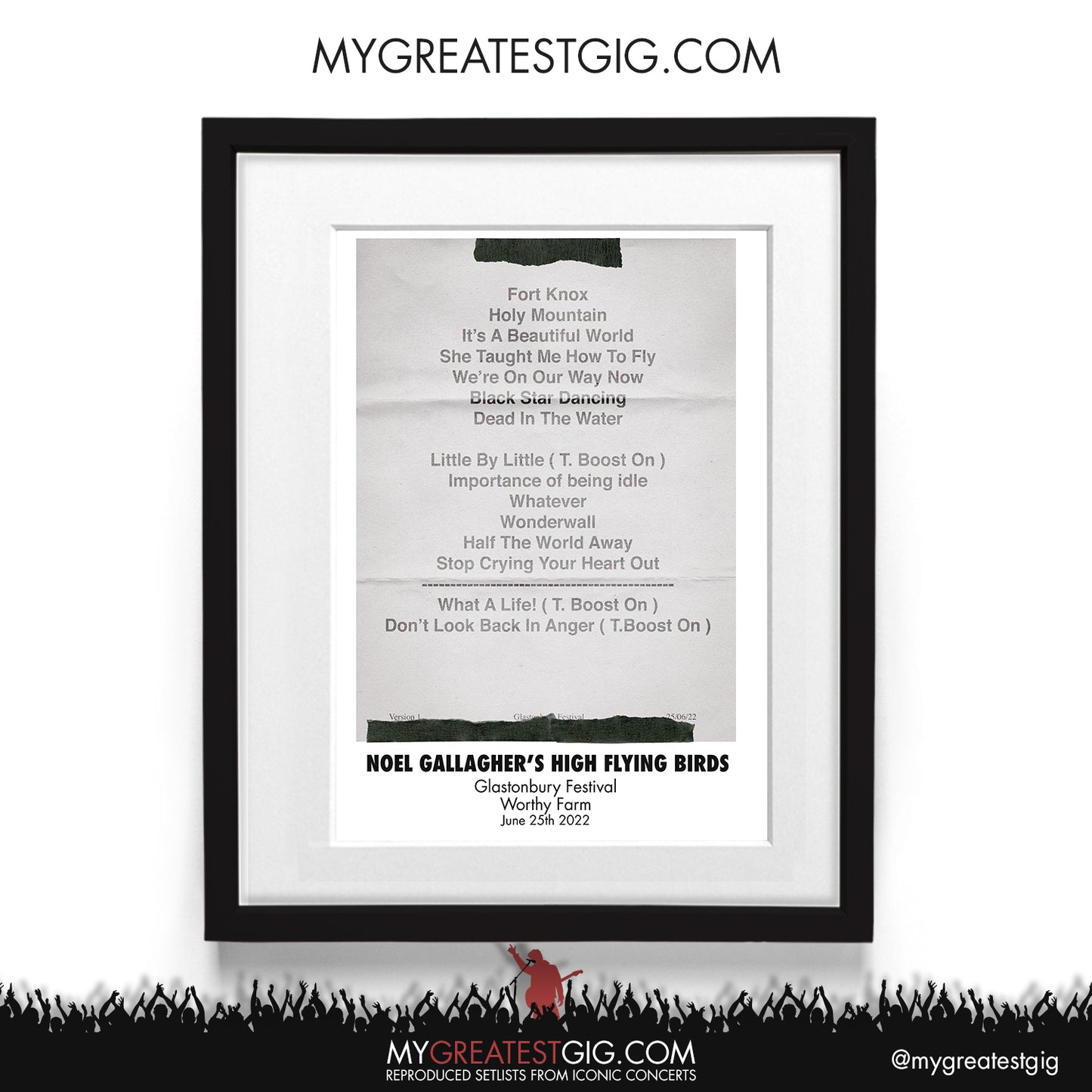 Noel Gallagher's High Flying Birds - Glastonbury Festival - Jun 25th 2022 Recreated Setlist Poster