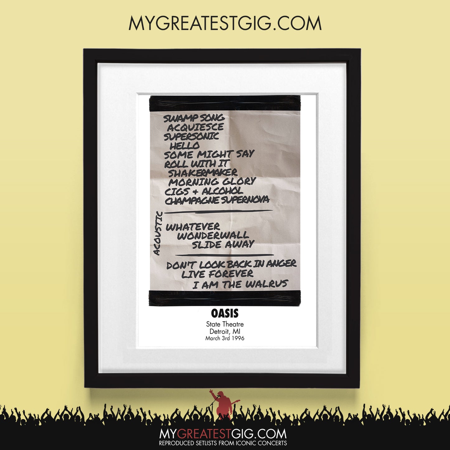 OASIS - Detroit - Mar 3rd 1996 Recreated Set List Poster