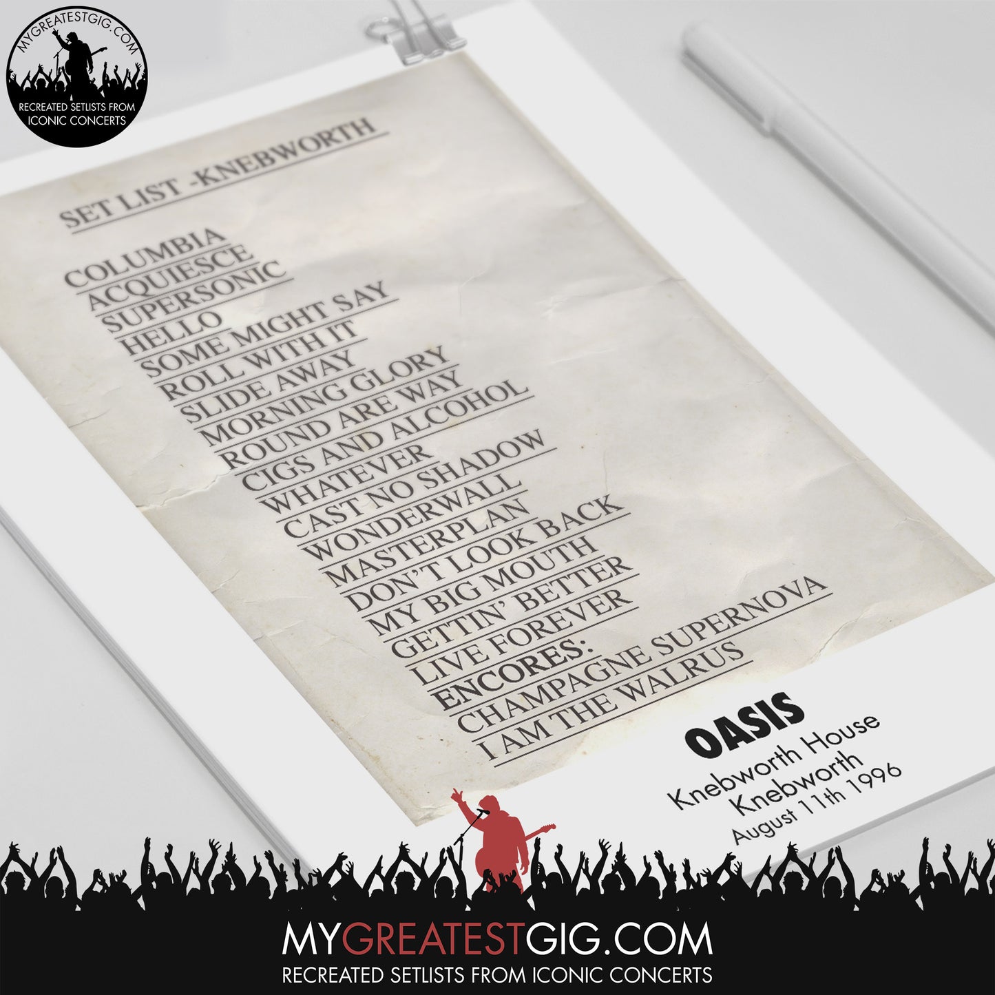 Oasis - Knebworth - Aug 11th 1996 Recreated Set List Poster
