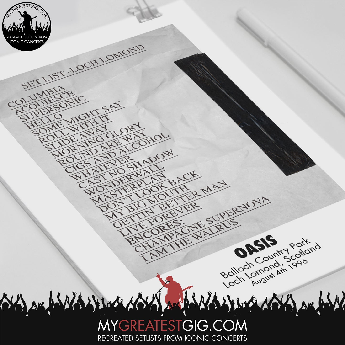 Oasis - Loch Lomond - Aug 4th 1996 Recreated Set List Poster