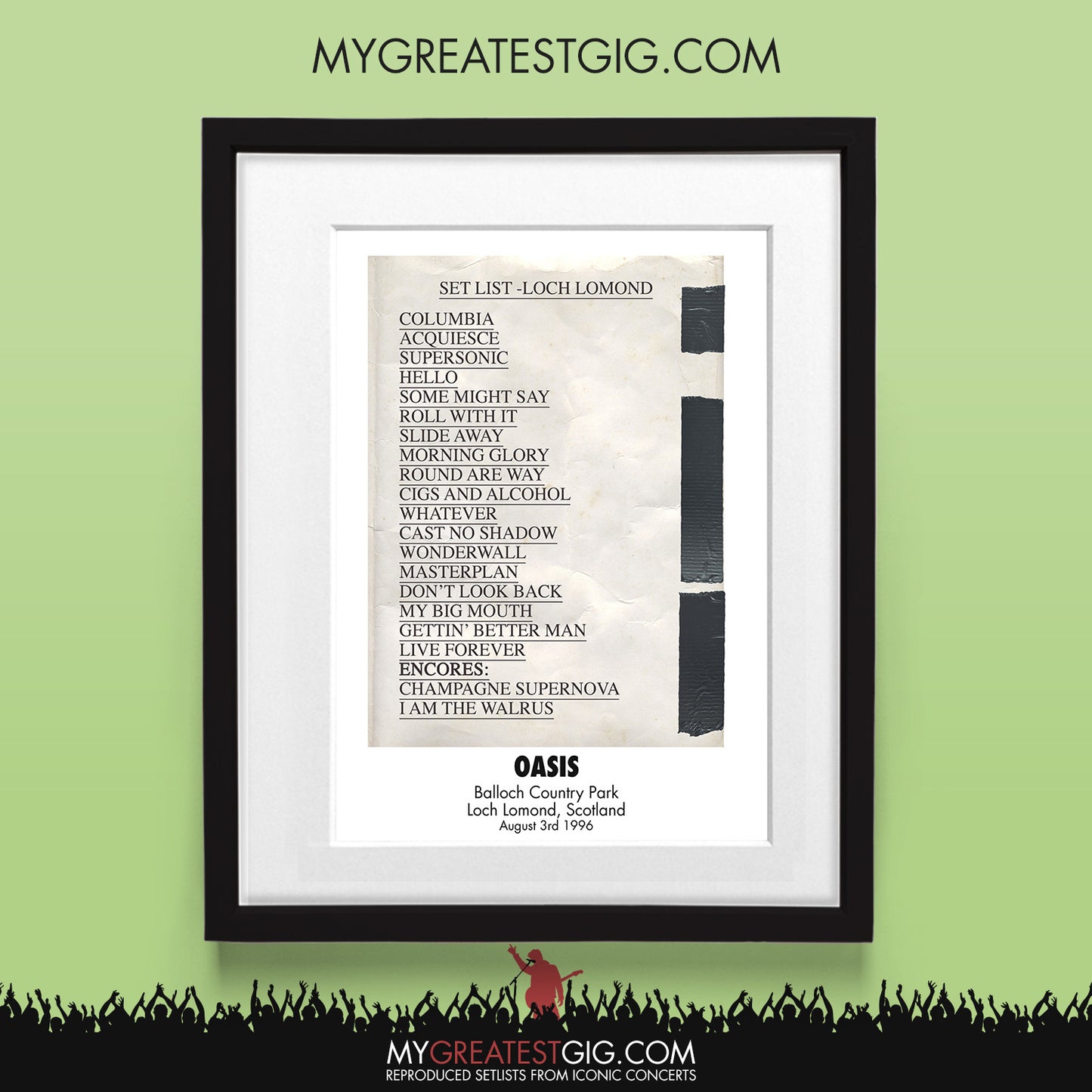 Oasis - Loch Lomond - Aug 3rd 1996 Recreated Set List Poster