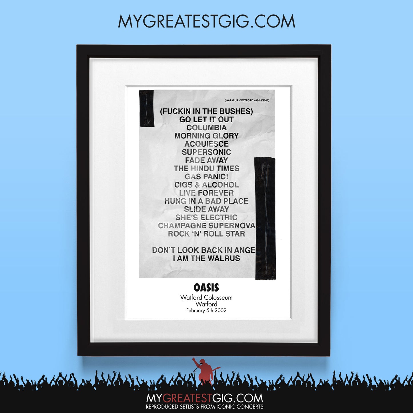 OASIS - Watford - Feb 5th 2002 Recreated Set List Poster