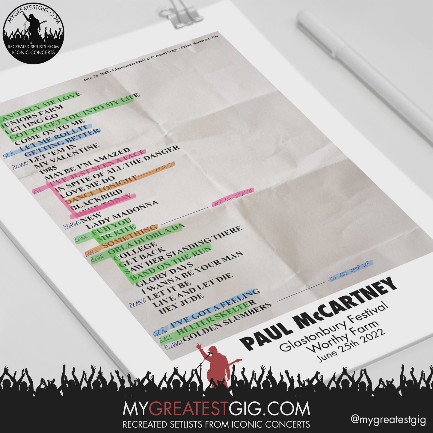 Paul McCartney - Glastonbury Festival - Jun 25th 2022 Recreated Setlist Poster