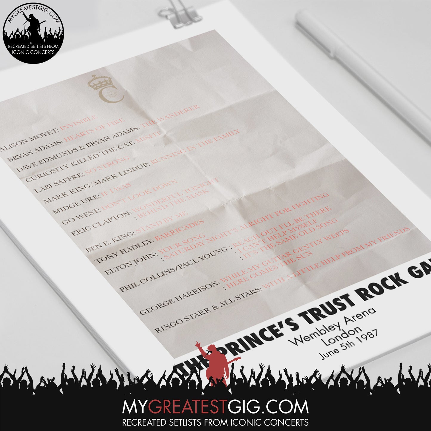 Prince's Trust Rock Gala - London - Jun 5th 1987 Recreated Set List Poster