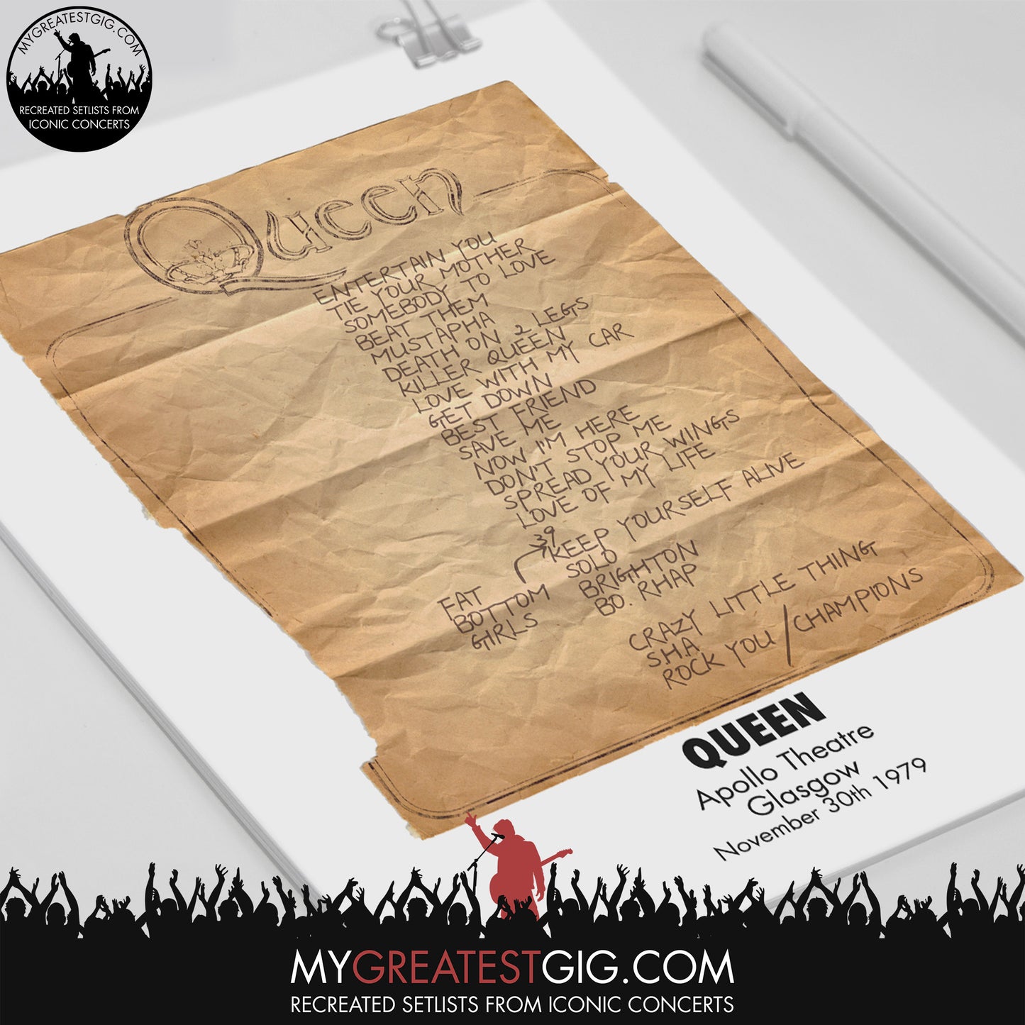 Queen - Glasgow - Nov 30th 1979 Recreated Set List Poster