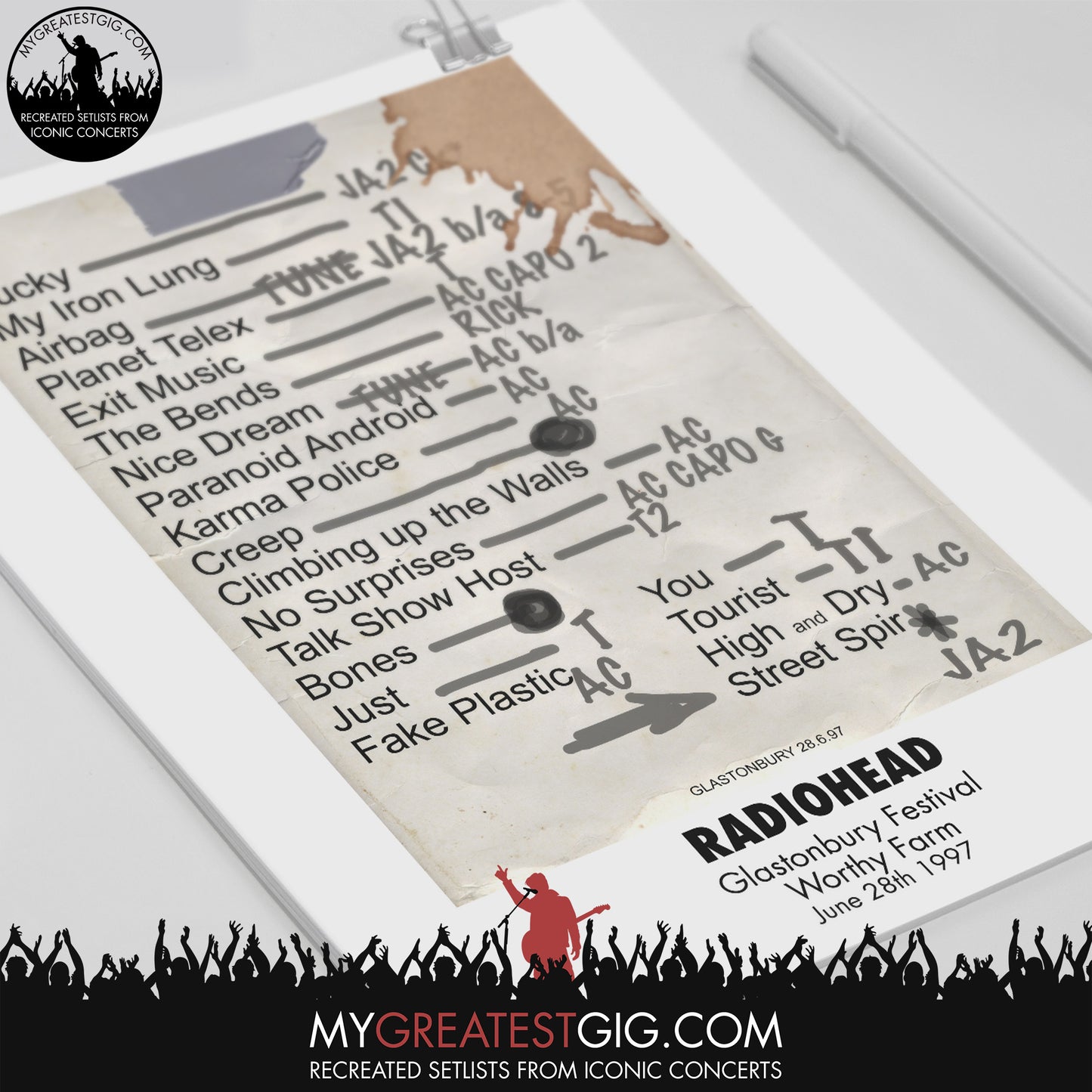Radiohead - Glastonbury Festival - Jun 28th 1997 Recreated Set List Poster