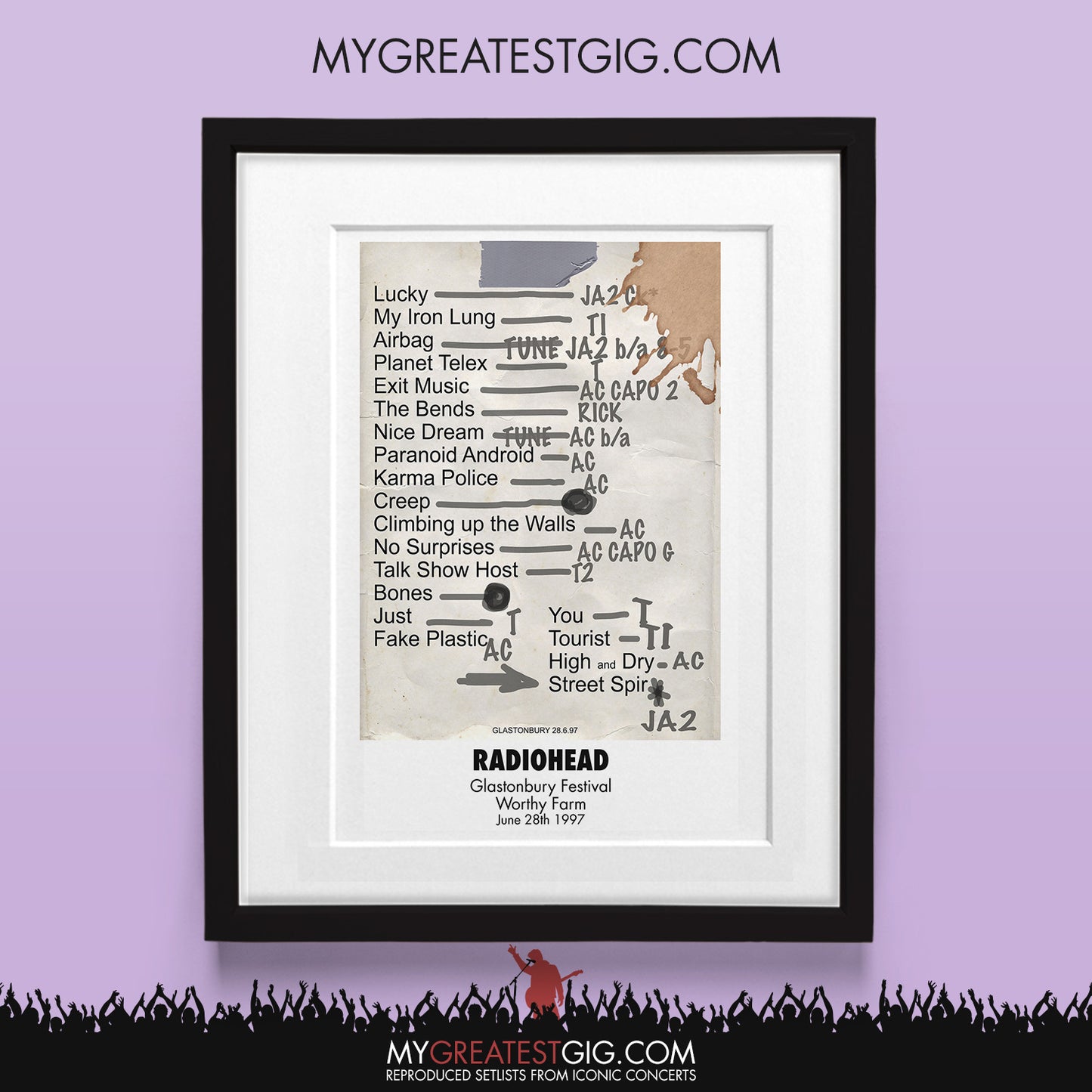 Radiohead - Glastonbury Festival - Jun 28th 1997 Recreated Set List Poster