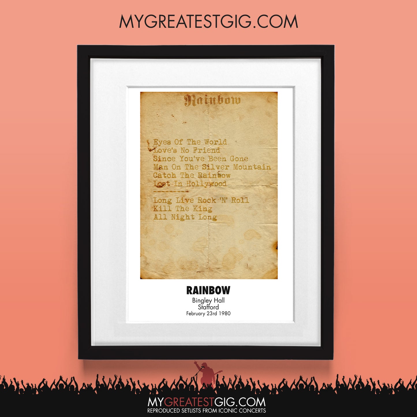 Rainbow - Stafford - Feb 23rd 1980 Recreated Set List Poster