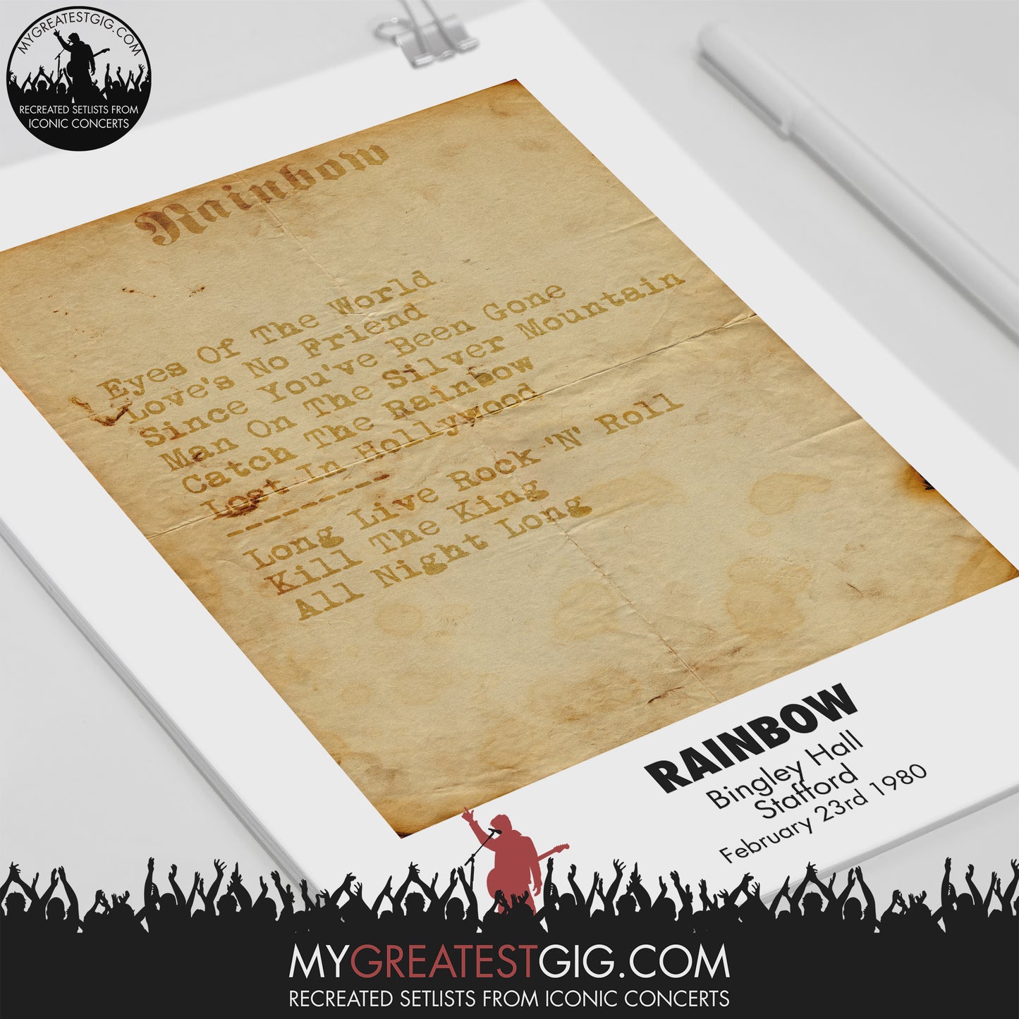 Rainbow - Stafford - Feb 23rd 1980 Recreated Set List Poster