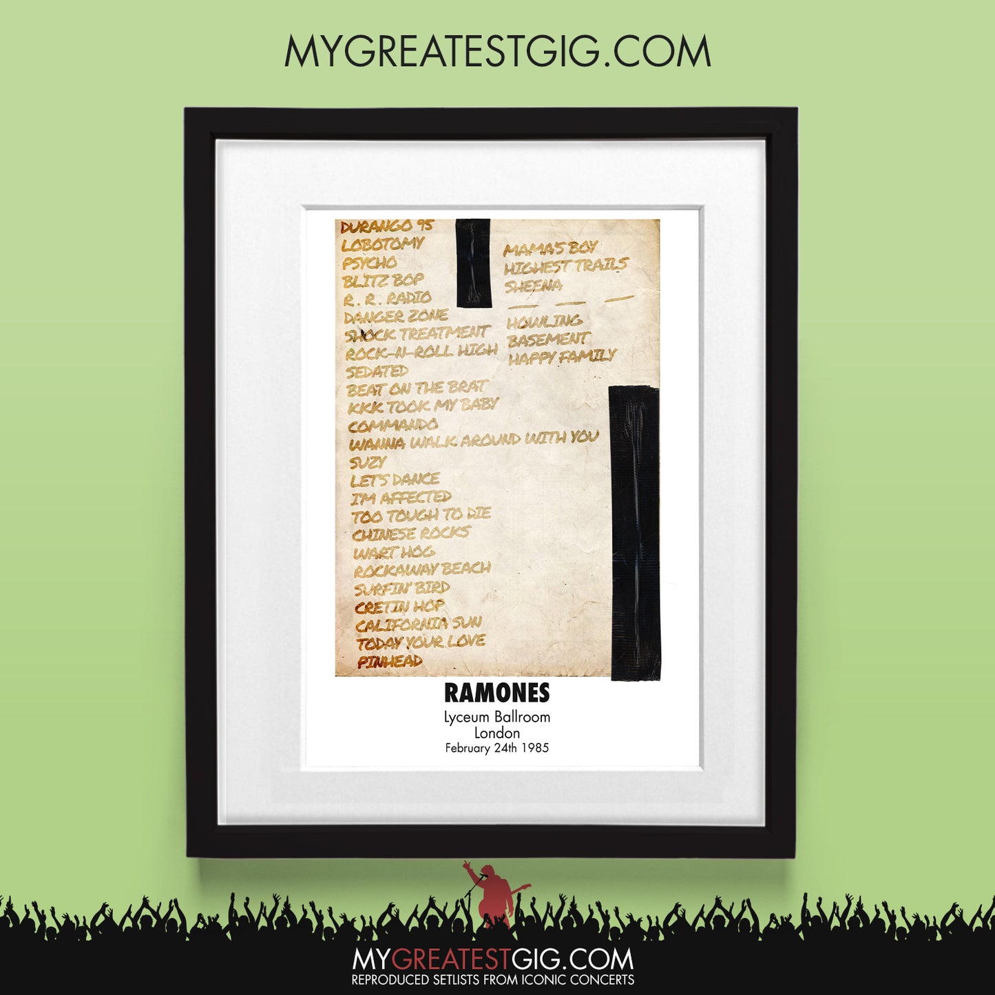 Ramones - London - Feb 24th 1985 Recreated Set List Poster