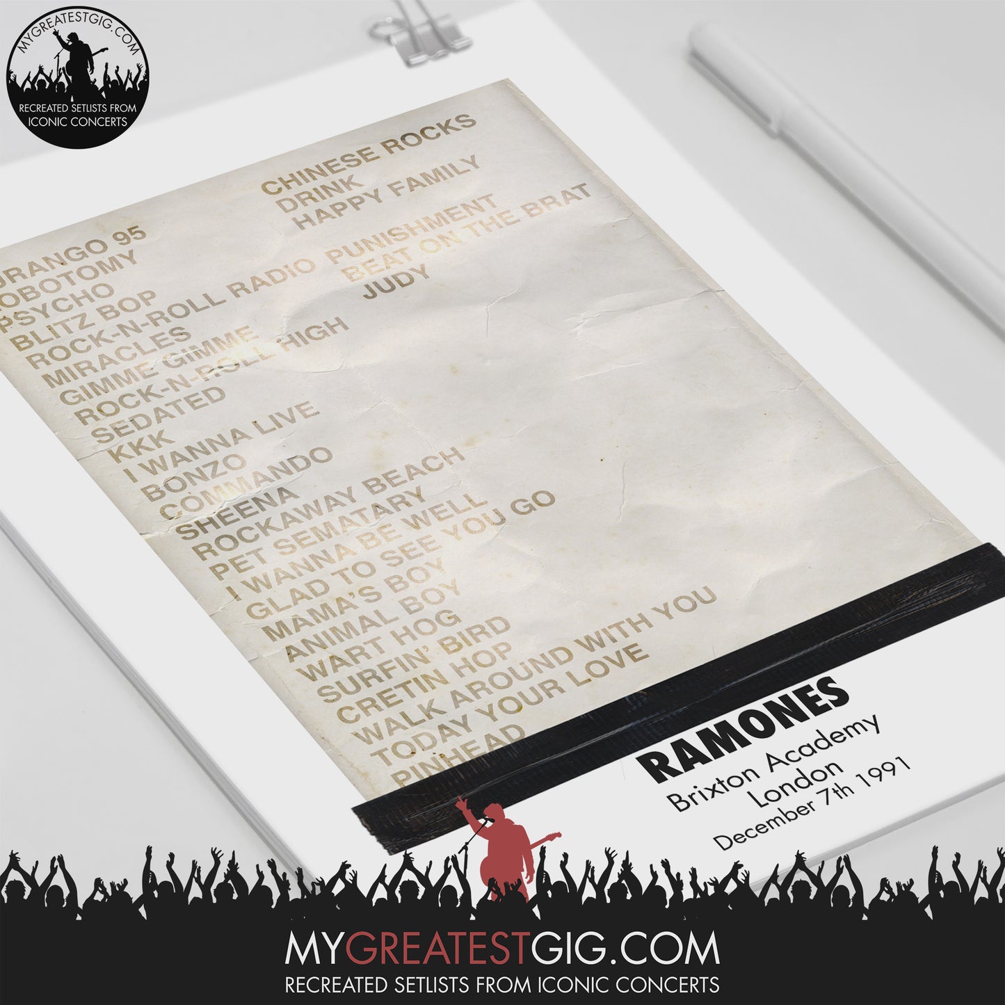 Ramones - London - Dec 7th 1991 Recreated Set List Poster