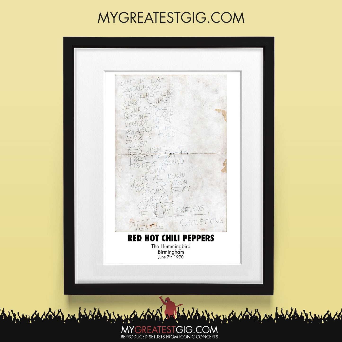 Red Hot Chili Peppers - Birmingham - Jun 7th 1990 Recreated Set List Poster