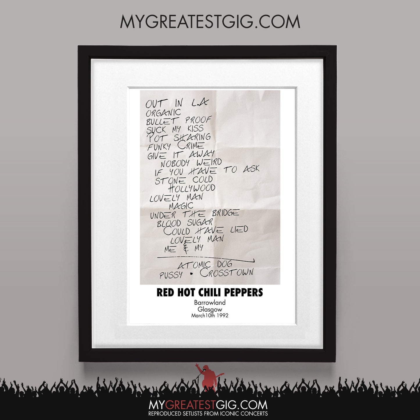 Red Hot Chili Peppers - Glasgow - Mar 10th 1992 Recreated Set List Poster