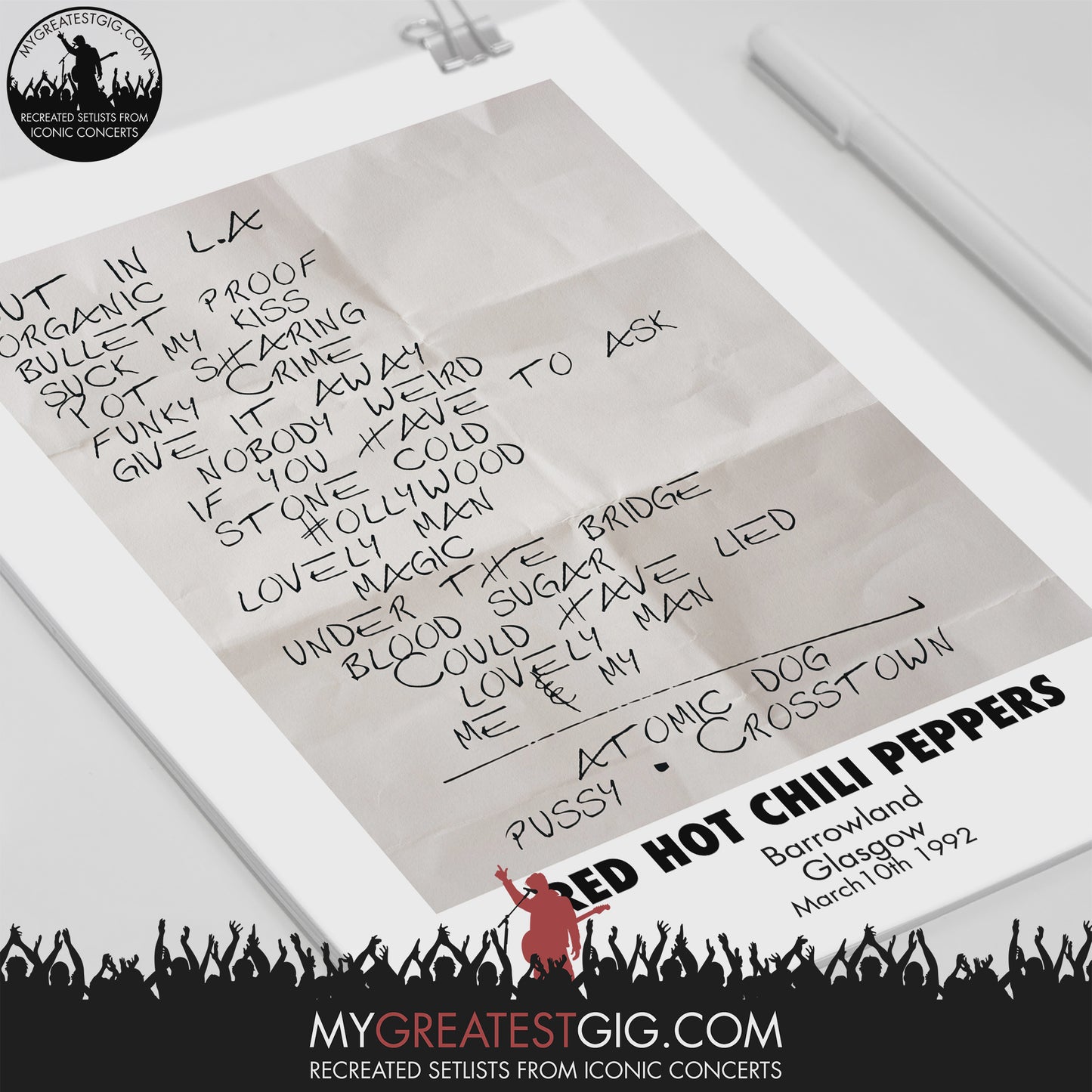 Red Hot Chili Peppers - Glasgow - Mar 10th 1992 Recreated Set List Poster
