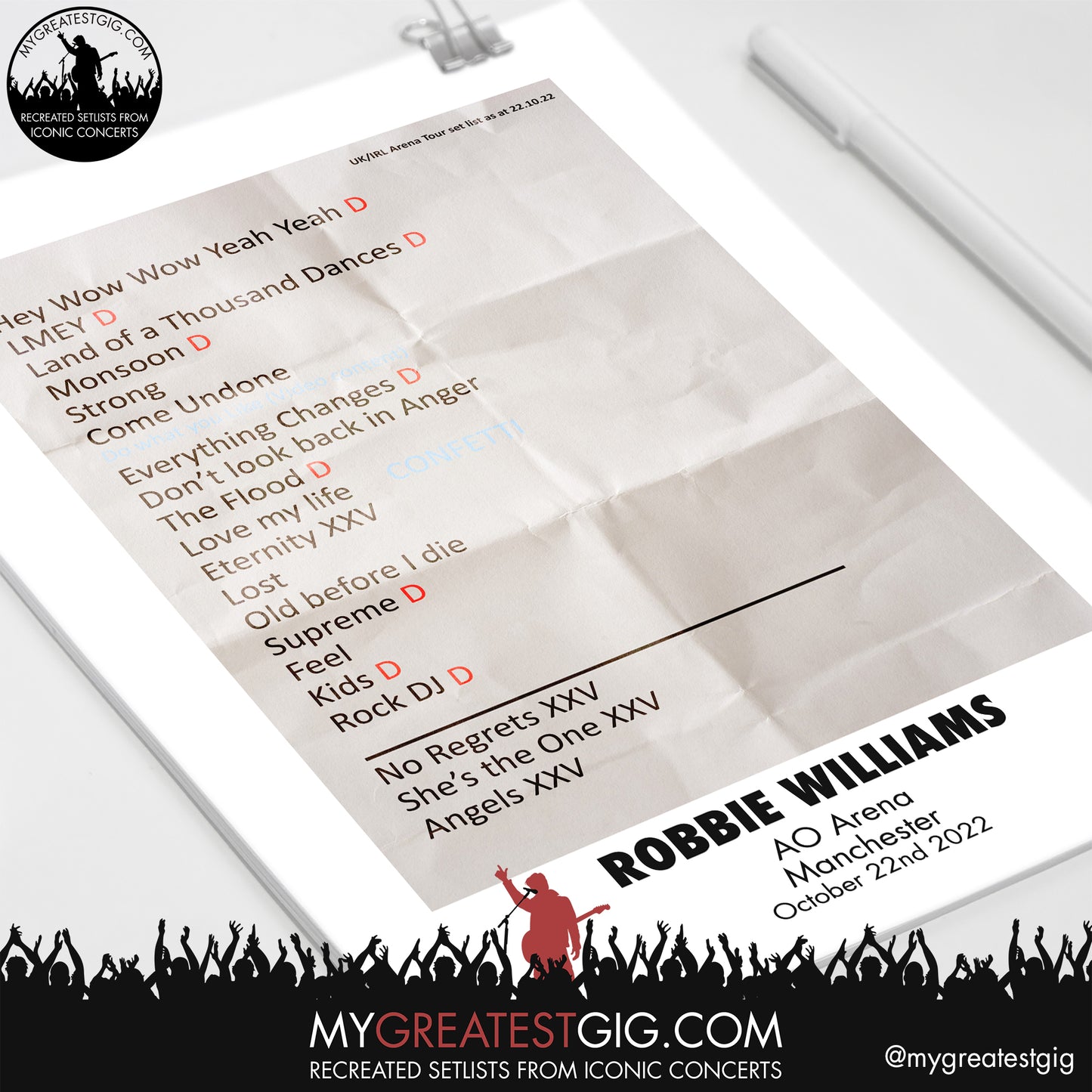 Robbie WIlliams - Manchester - Oct 22nd 2022 Recreated Setlist Poster