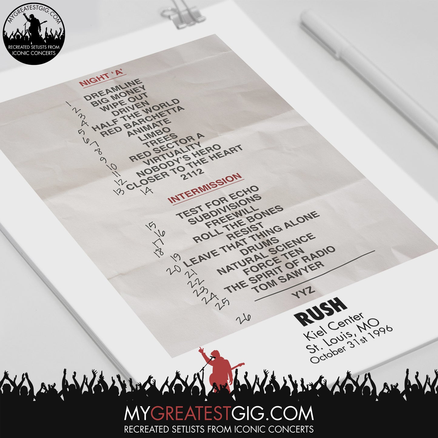 Rush - St. Louis - Oct 31st 1996 Recreated Set List Poster