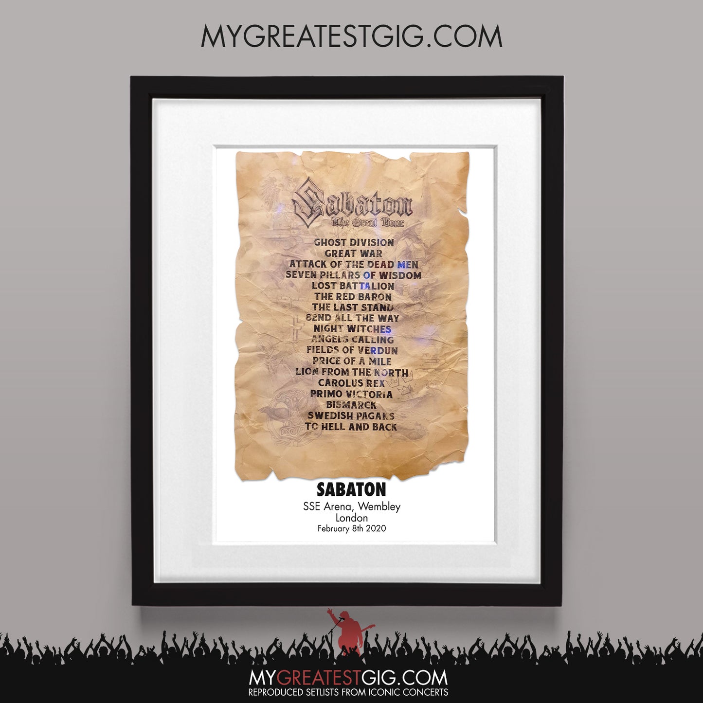 Sabaton - London - Feb 8th 2020 Recreated Set List Poster