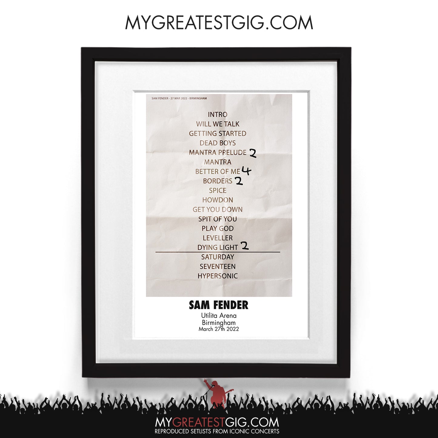 Sam Fender - Birmingham - Mar 27th 2022 Recreated Setlist Poster