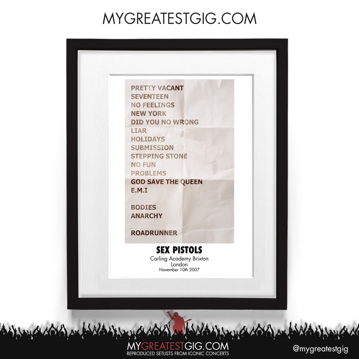 Sex Pistols - London - Nov 10th 2007 Recreated Setlist Poster