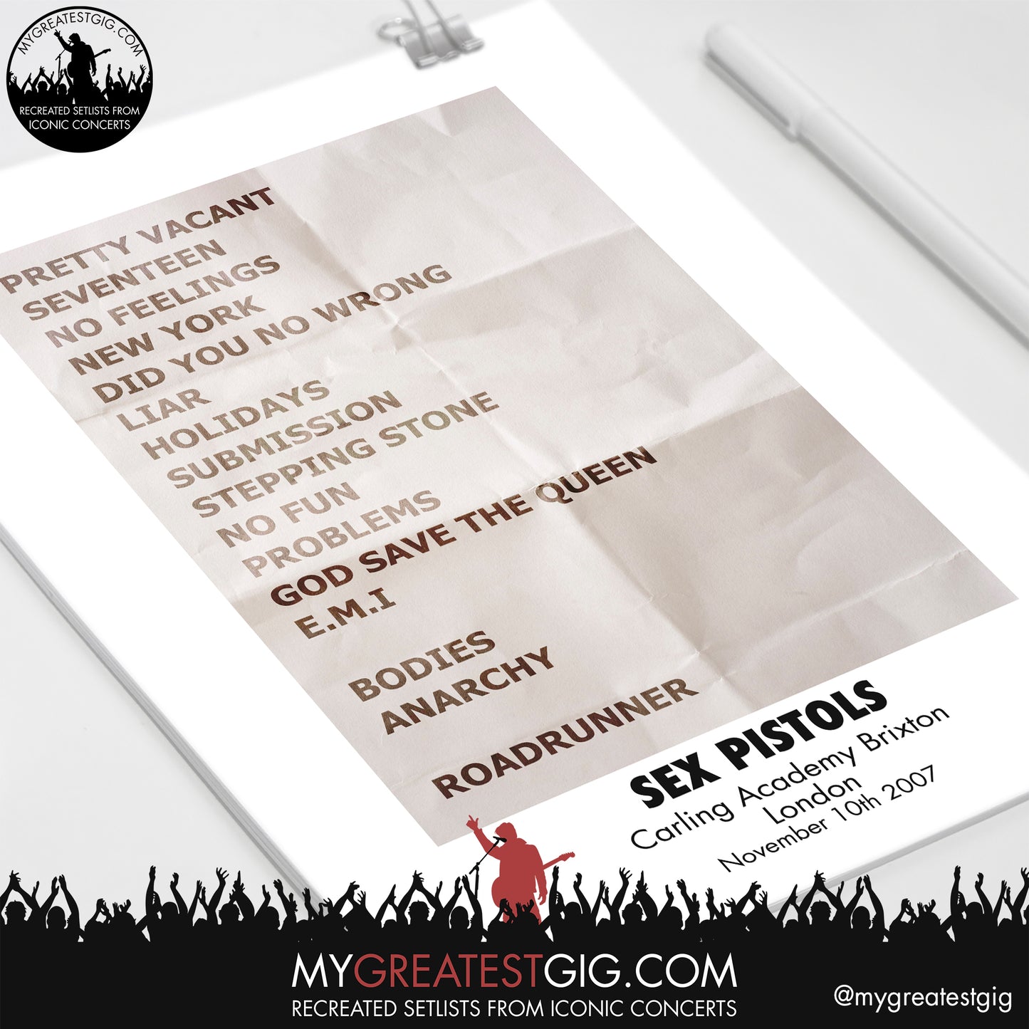 Sex Pistols - London - Nov 10th 2007 Recreated Setlist Poster