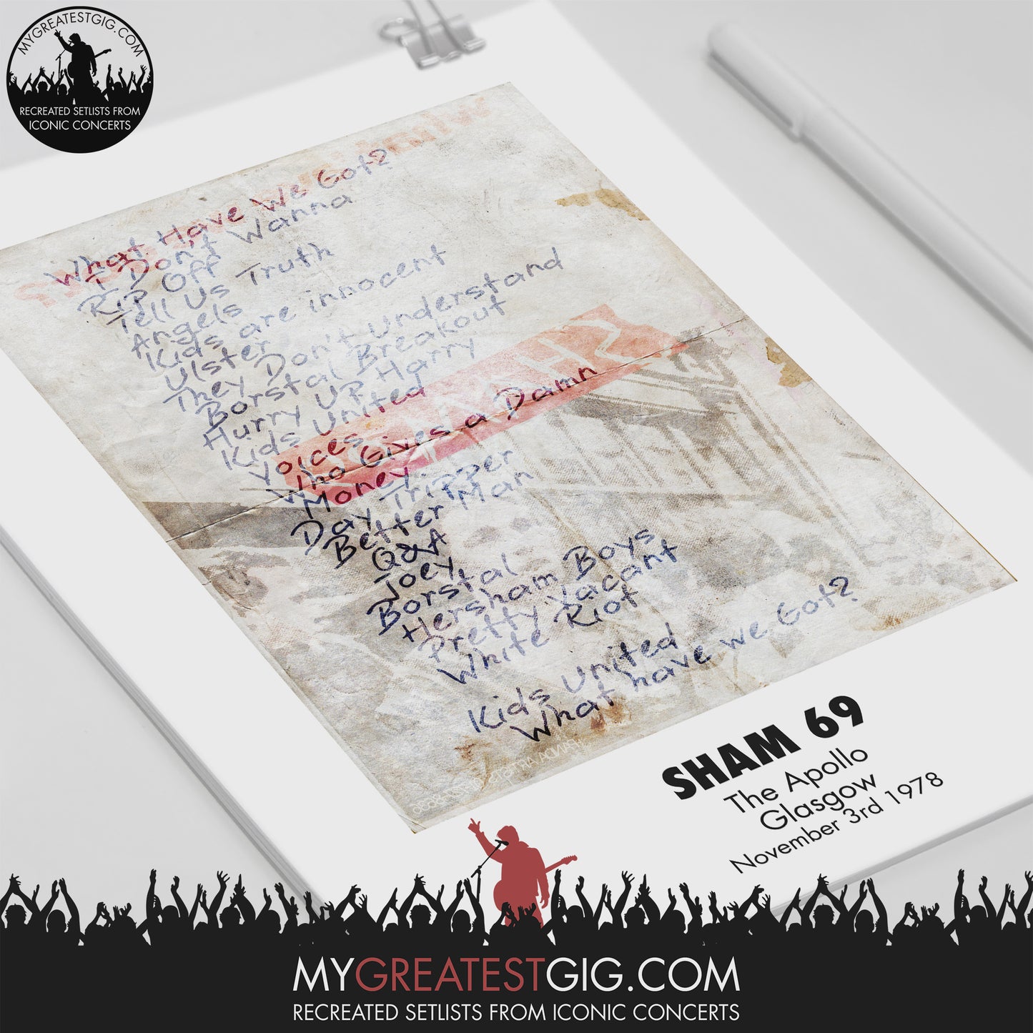 Sham69 - Glasgow - Nov 3rd 1978 Recreated Setlist Poster