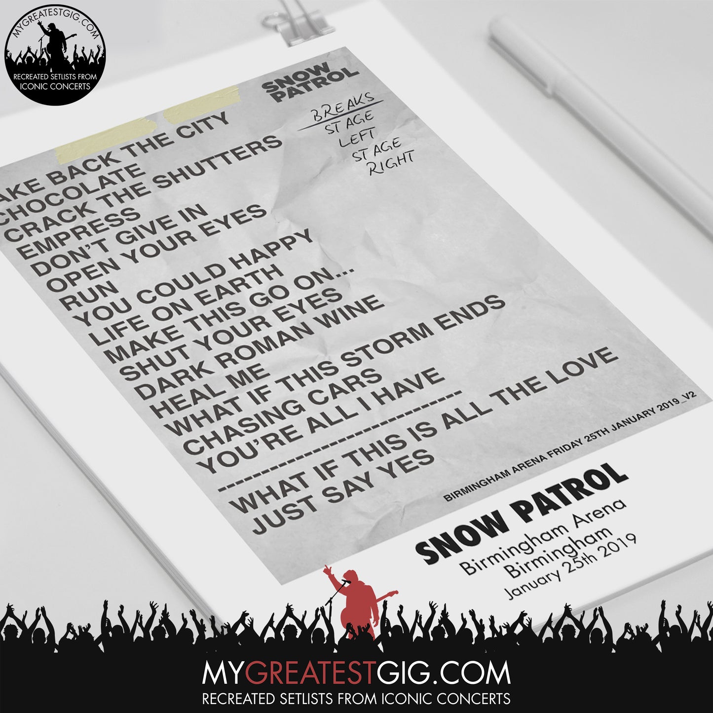 Snow Patrol - Birmingham - Jan 25th 2019 Recreated Set List Poster