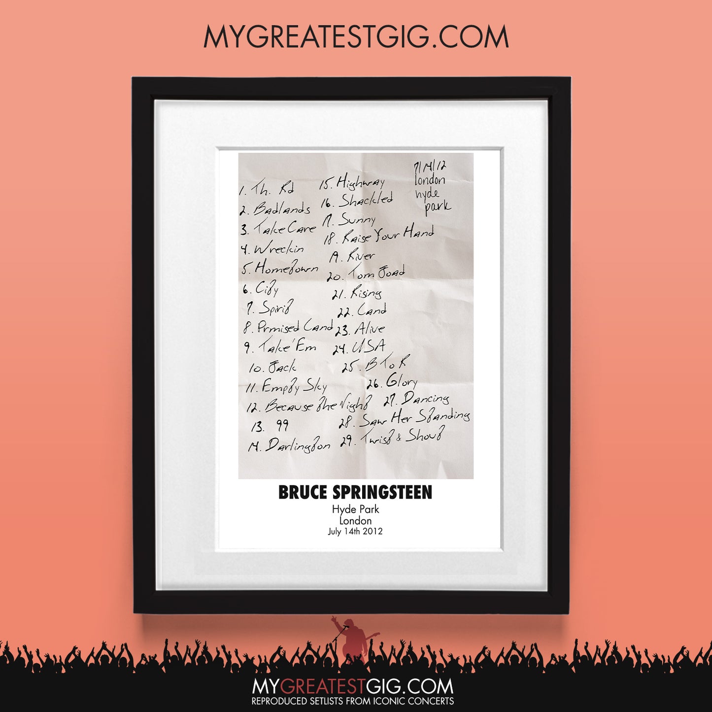 Bruce Springsteen - London - Jul 14th 2012 Recreated Set List Poster