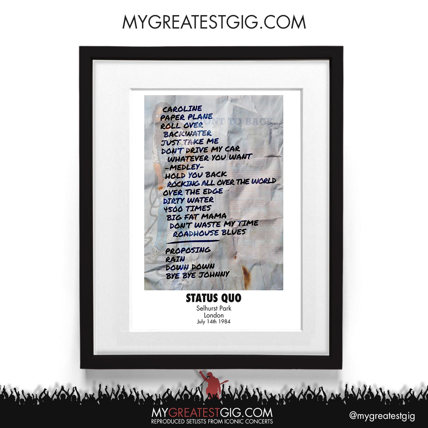Status Quo - London - July 14th 1984 Recreated Setlist Poster