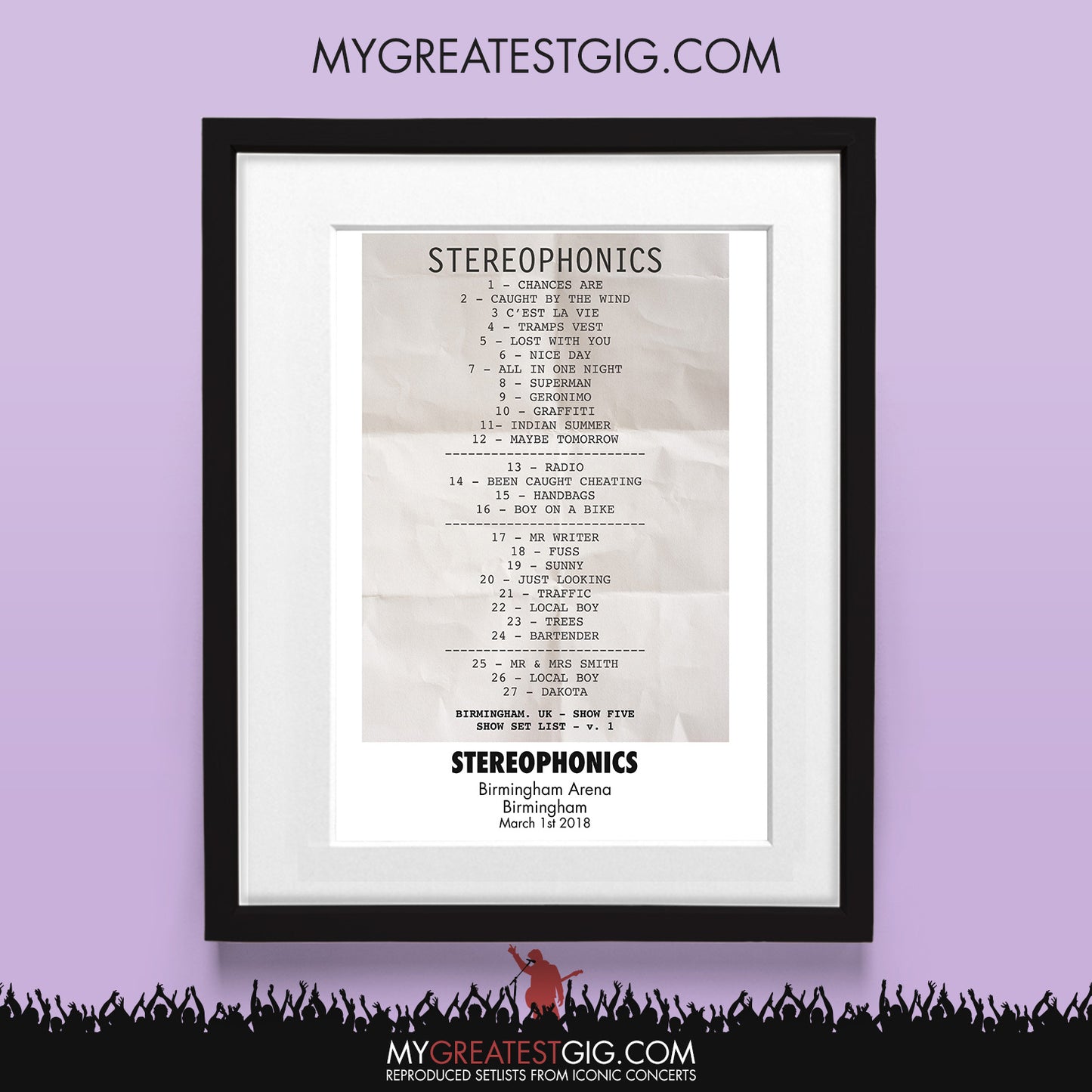 Stereophonics - Birmingham - Mar 1st 2018 Recreated Set List Poster & Illustration Bundle