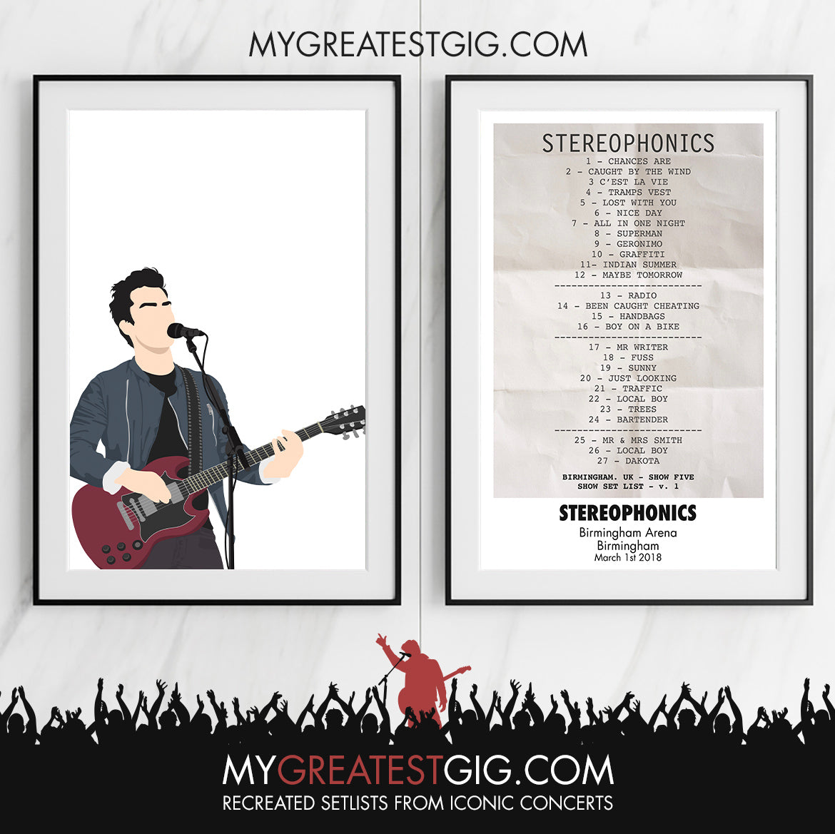 Stereophonics - Birmingham - Mar 1st 2018 Recreated Set List Poster & Illustration Bundle