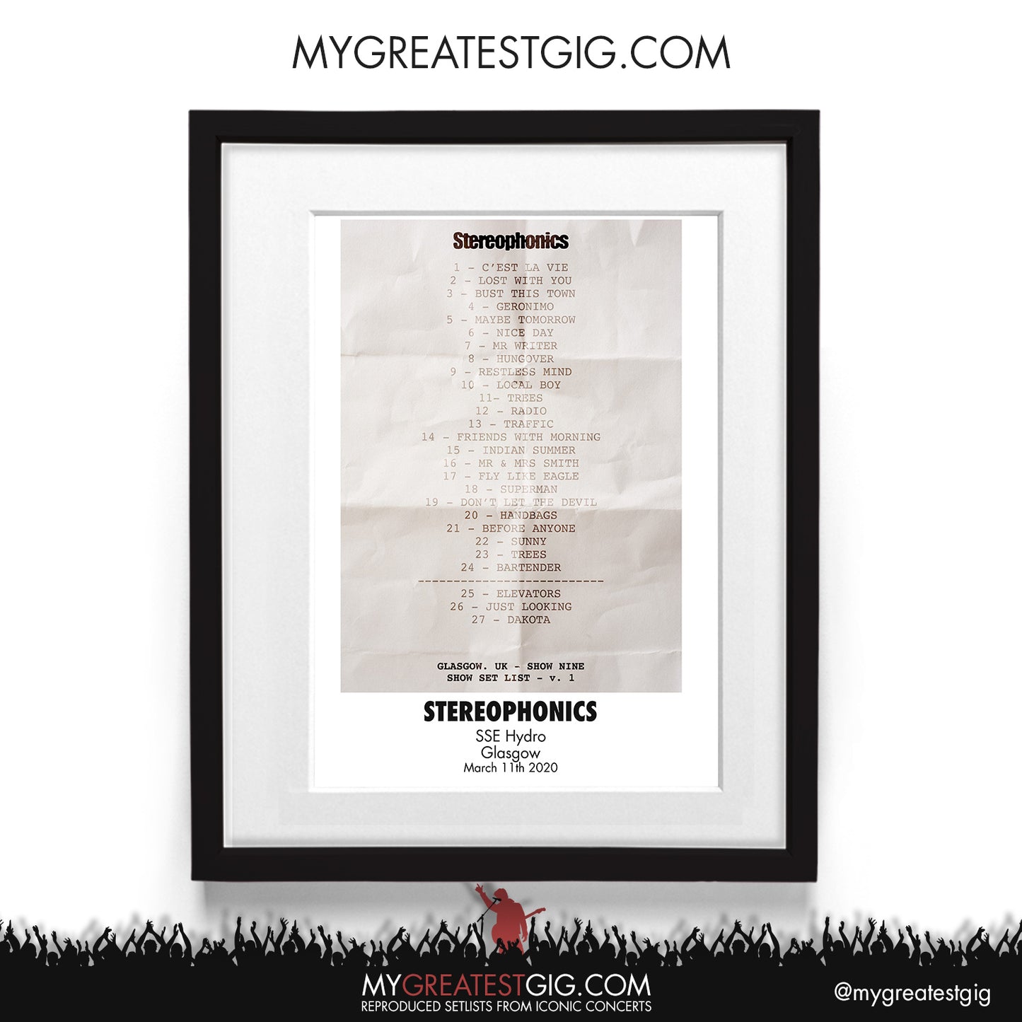 Stereophonics - Glasgow - Mar 11th 2020 Recreated Setlist Poster