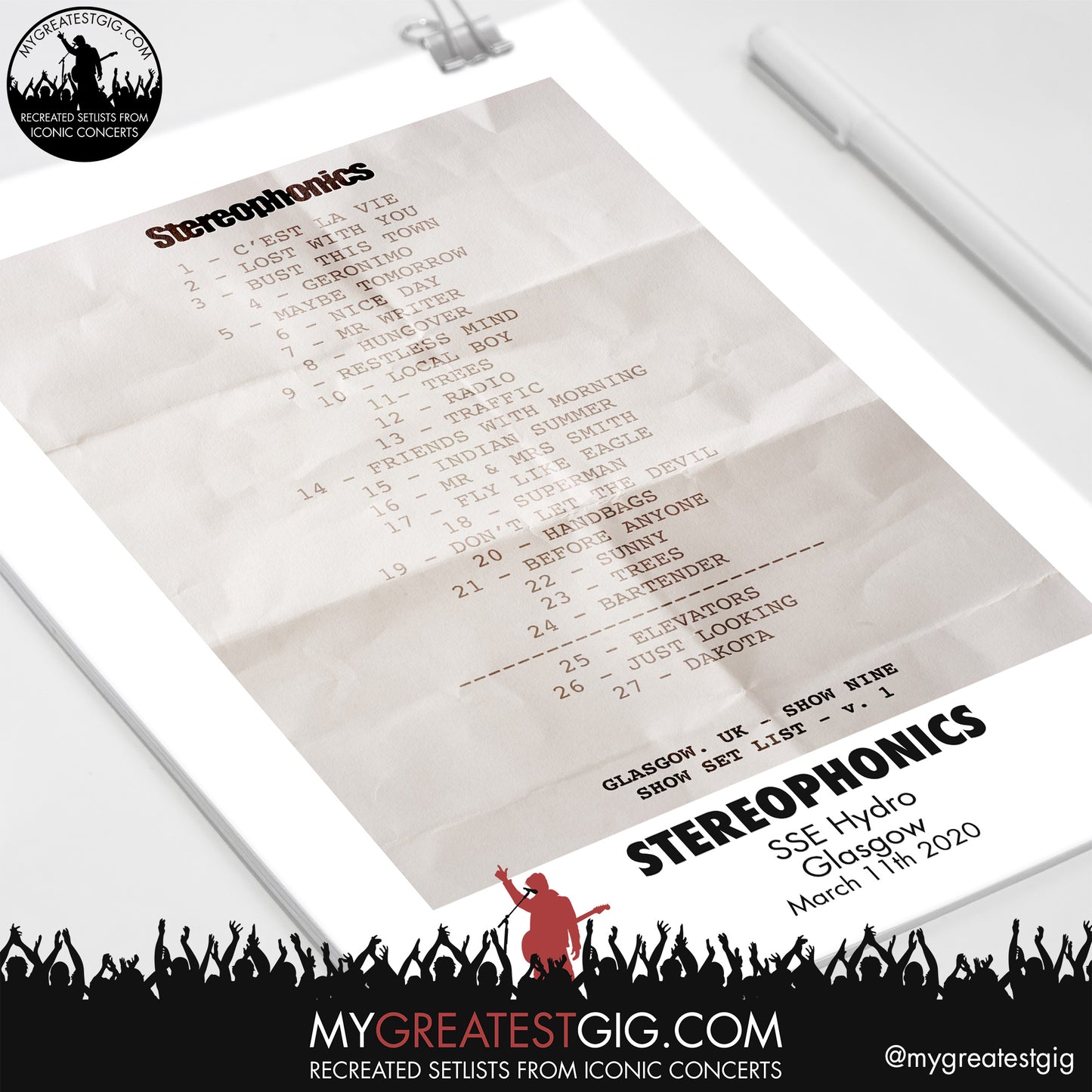 Stereophonics - Glasgow - Mar 11th 2020 Recreated Setlist Poster