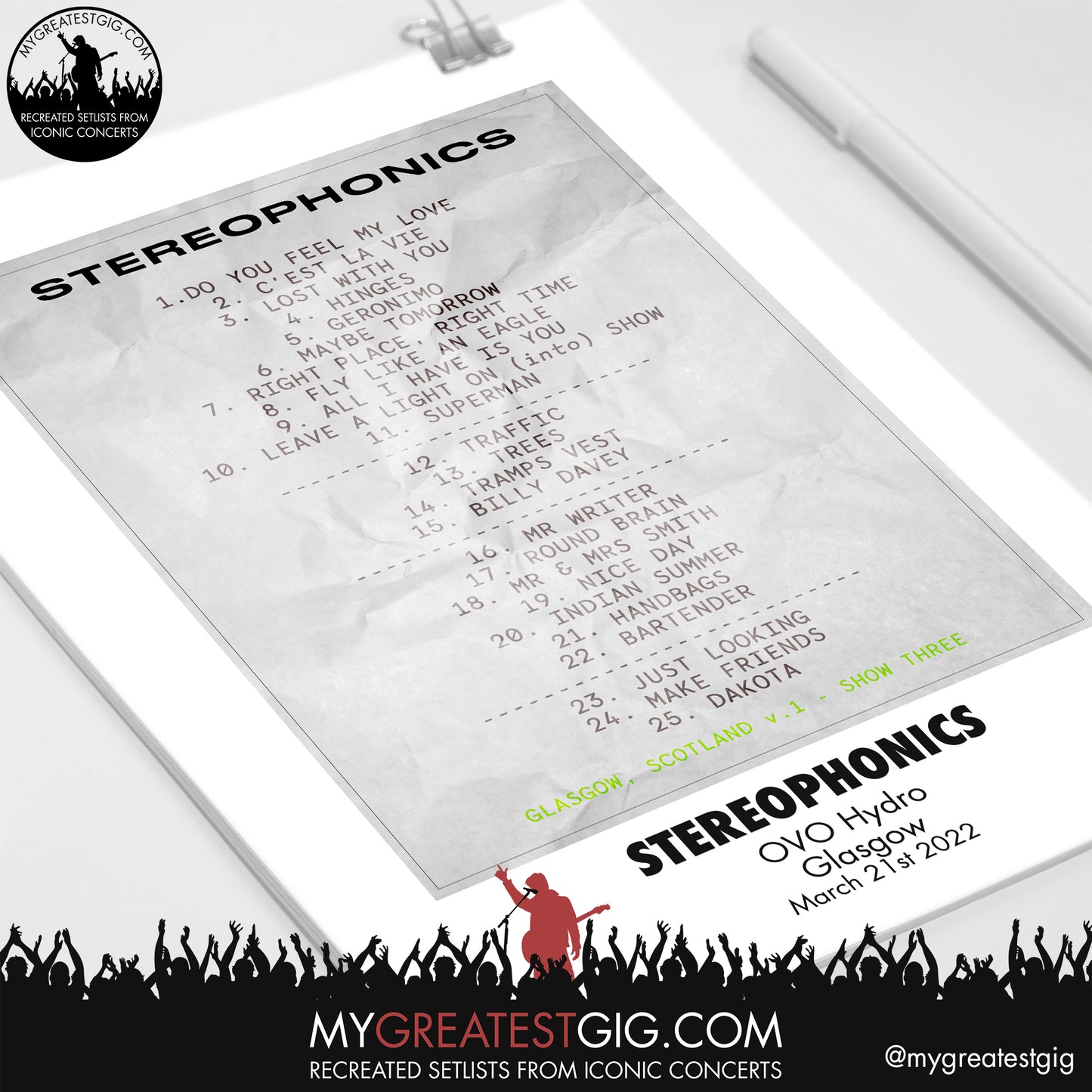Stereophonics - Glasgow - Mar 21st 2022 Recreated Setlist Poster