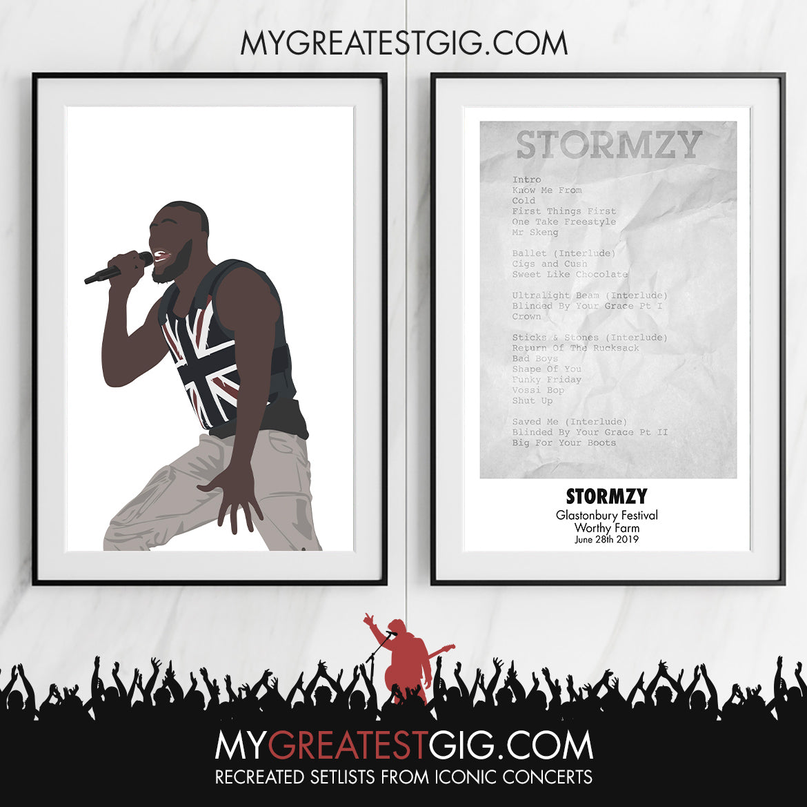 Stormzy - Glastonbury Festival - Jun 28th 2019 Recreated Set List Poster & Illustration Bundle