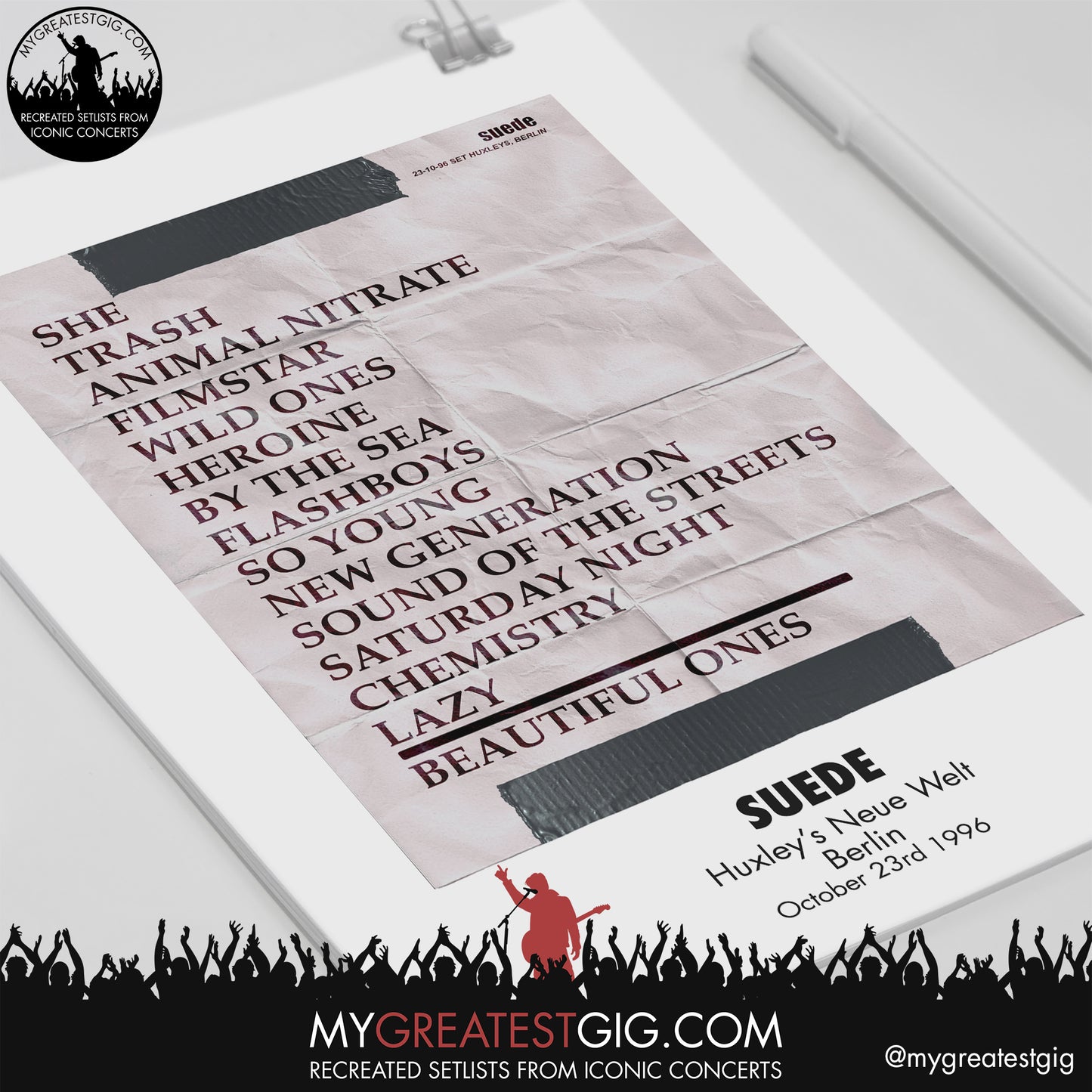 Suede - Berlin - October 23rd 1996 Recreated Setlist Poster