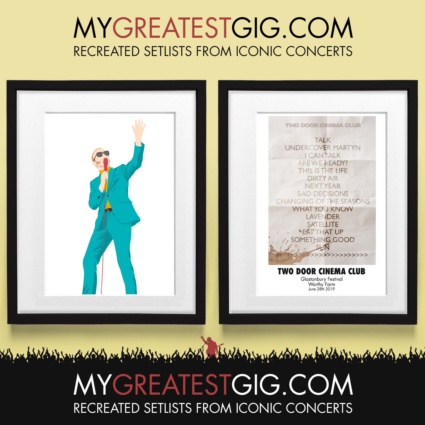Two Door Cinema Club - Glastonbury Festival - Jun 28th 2019 Recreated Set List Poster & Illustration Bundle
