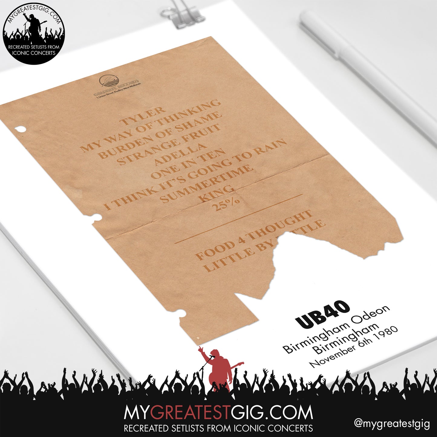 UB40 - Birmingham - Nov 6th 1980 Recreated Setlist Poster
