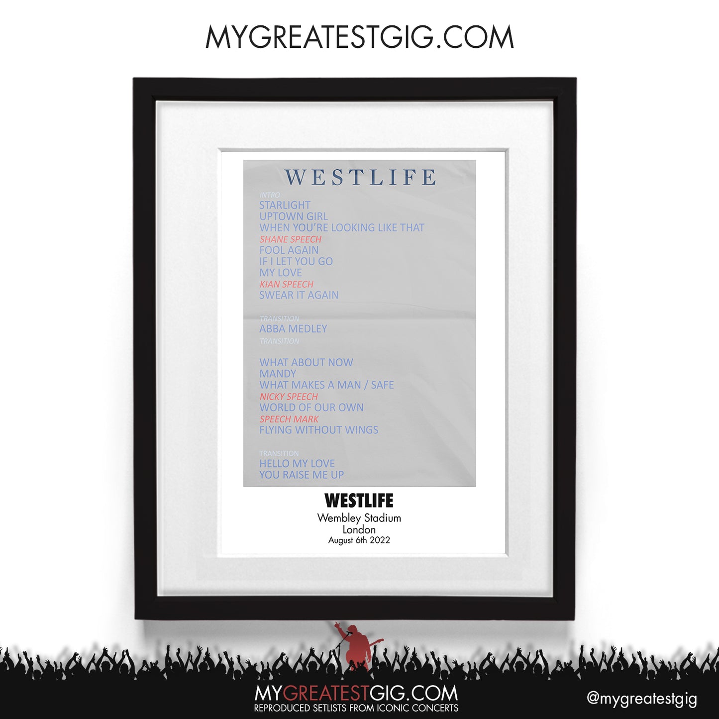 Westlife - London - Aug 6th 2022 Recreated Setlist Poster