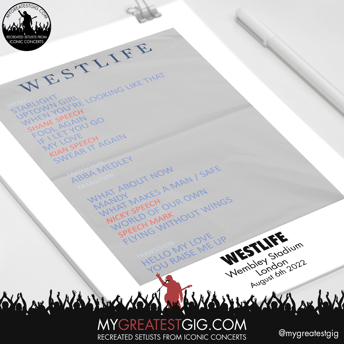 Westlife - London - Aug 6th 2022 Recreated Setlist Poster