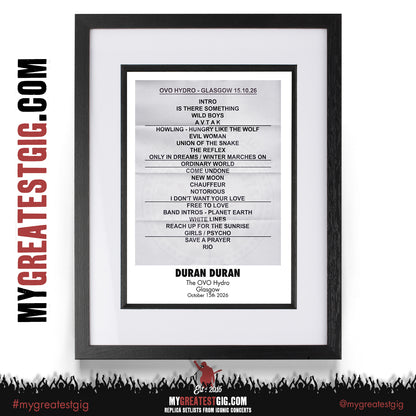 Duran Duran - Free To Love Tour 2026 -  Replica Setlist Posters
