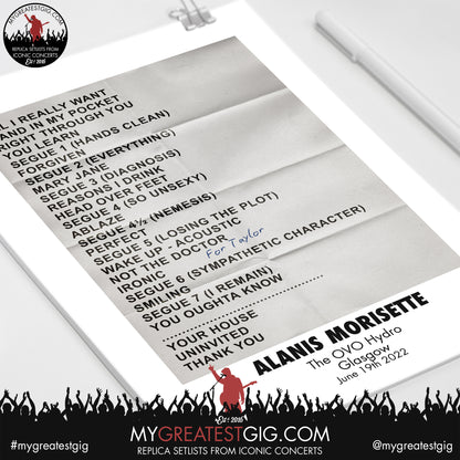 Alanis Morisette - Glasgow - June 19th 2022 Replica Setlist Poster