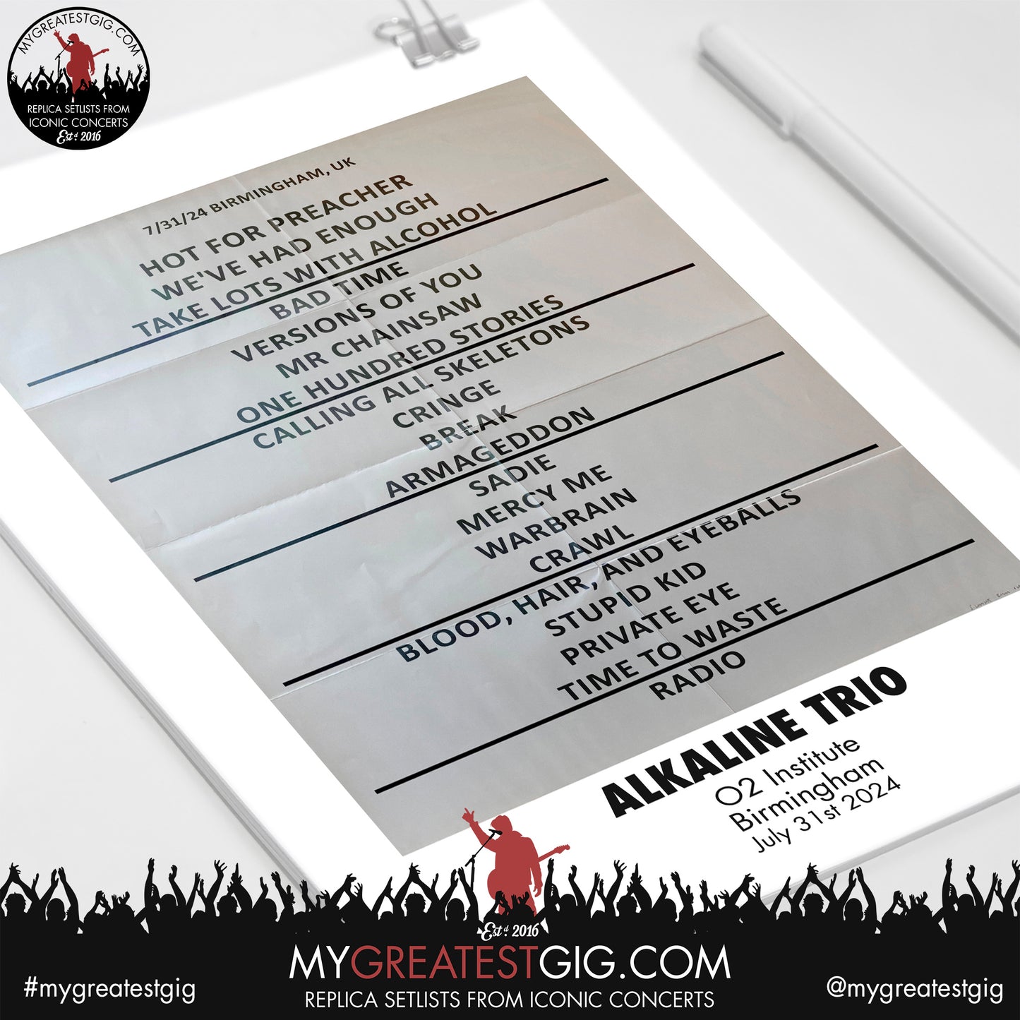 Alkaline Trio - Birmingham - July 31st 2024 Replica Setlist Poster