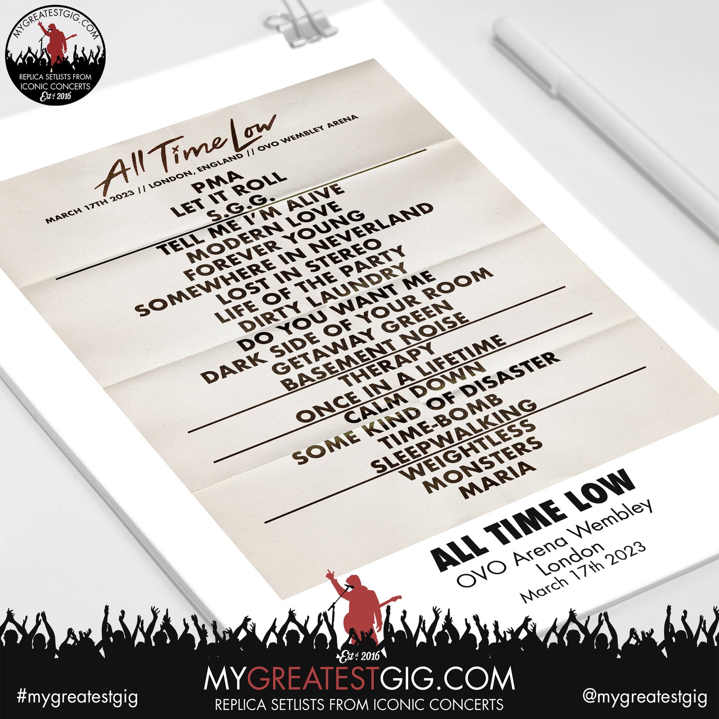 All Time Low - London - March 17th 2023 Replica Setlist Poster