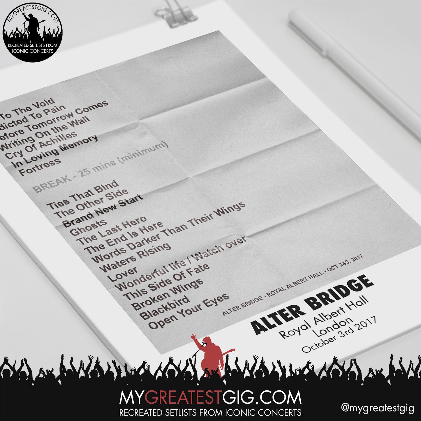 Alter Bridge - Royal Albert Hall - October 3rd 2017 Recreated Setlist Poster