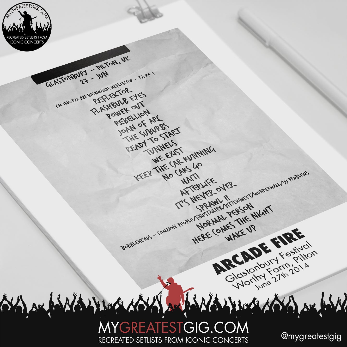 Arcade Fire - Glastonbury Festival - June 27th 2014 Recreated Setlist Poster